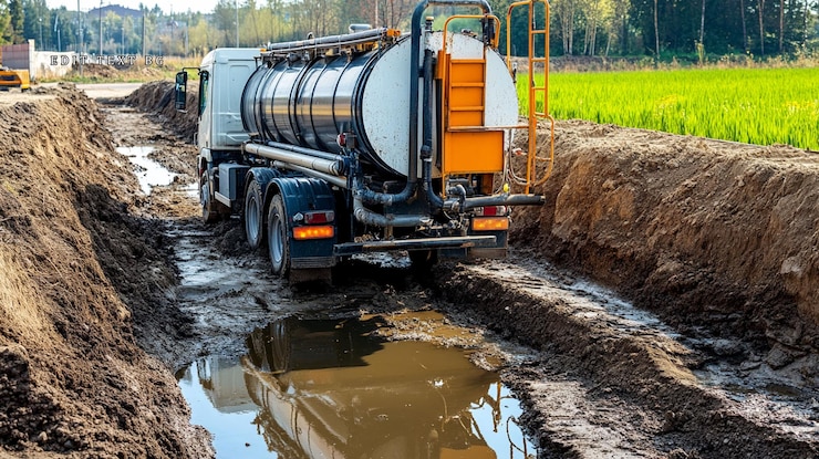 PSD un camión cisterna conduciendo en una carretera de construcción fangosa