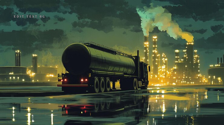 PSD camión cisterna por la noche cerca de una refinería iluminada