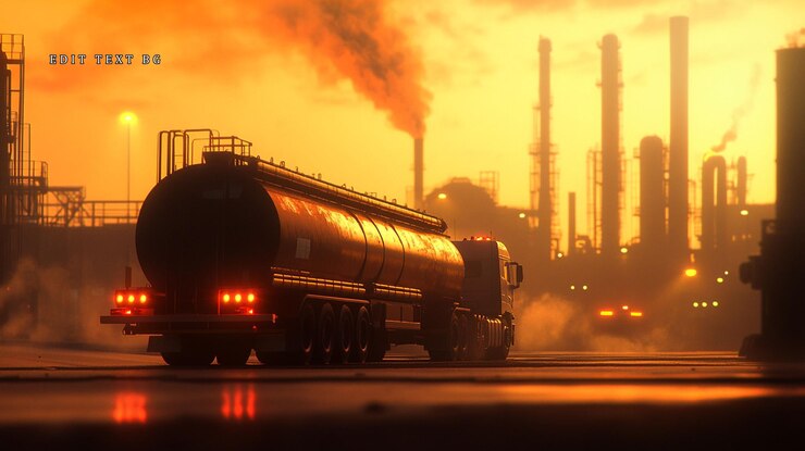 PSD el camión cisterna sale de la refinería de petróleo al atardecer emitiendo humo