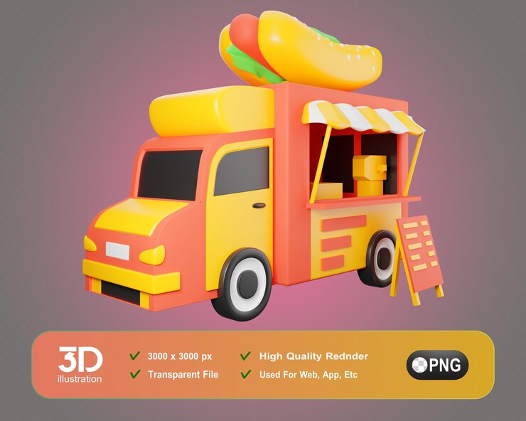 PSD camión de comida 3d ilustración de iconos de comidas de comida 3d