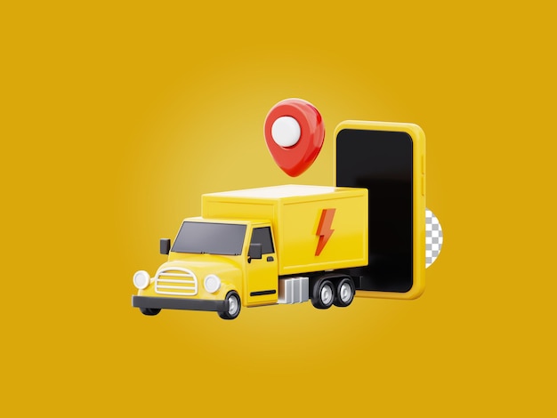 Camion di consegna camion di consegna espresso con simbolo del puntatore della mappa e illustrazione 3D del telefono cellulare