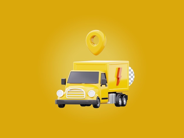 Camion di consegna camion di consegna espresso con simbolo giallo del puntatore della mappa illustrazione 3d