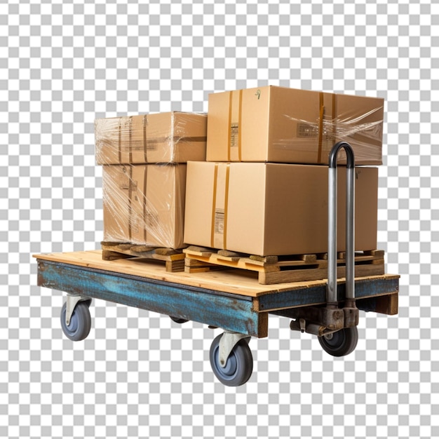 PSD el camión elevador de horquilla está levantando una paleta con cajas de cartón en un fondo transparente