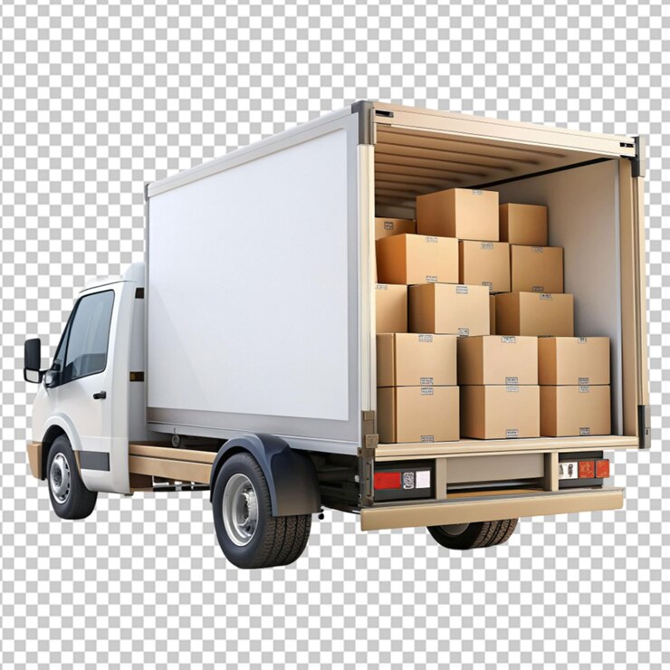 camión de entrega con cajas de cartón sobre un fondo transparente