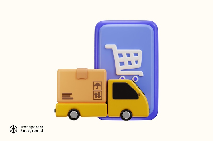 PSD camión de entrega con icono de cartón con icono del carrito de compras ilustración vectorial de renderización 3d