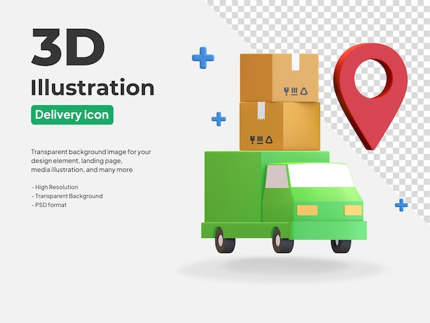 Camion d'expédition transportant la boîte de colis en espèces à la livraison l'icône du service de rendu 3D illustration