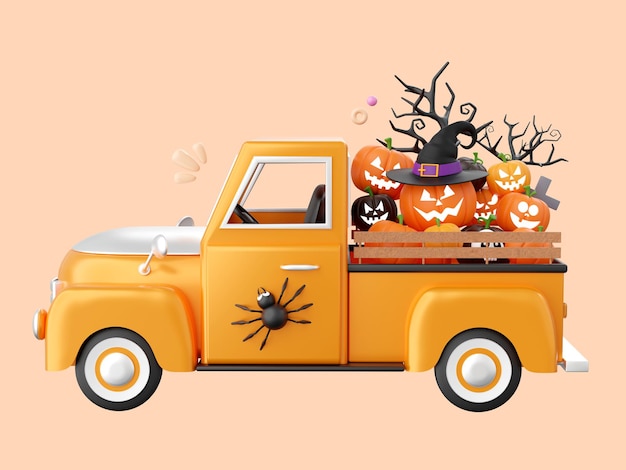 Camion Halloween con Jack o lanterna zucca elementi tematici di Halloween illustrazione 3D