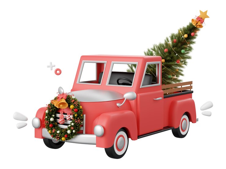 PSD camión de navidad con árbol de navidad elementos temáticos de navidad ilustración 3d