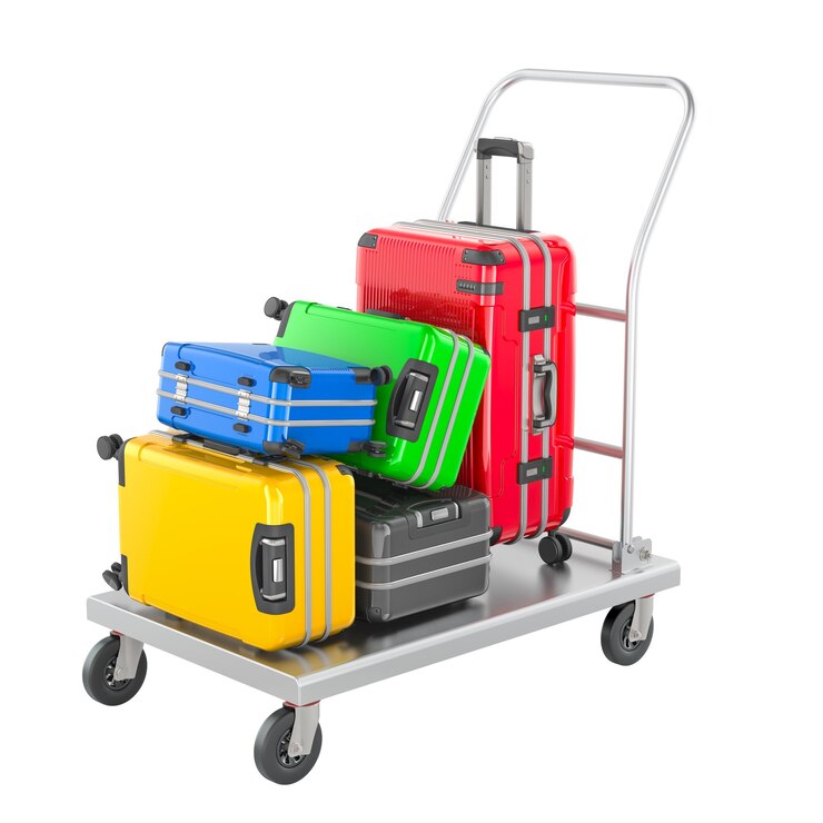 PSD camion à plate-forme en acier avec un rendu 3d de valises et bagages colorés isolés sur un fond transparent