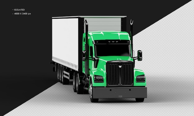 Camión de remolque largo verde brillante realista aislado desde la vista del ángulo frontal derecho