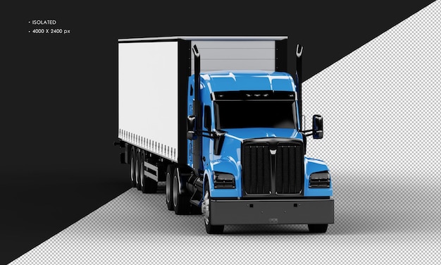 PSD camion-remorque long bleu brillant réaliste isolé depuis l'angle de vue avant droit