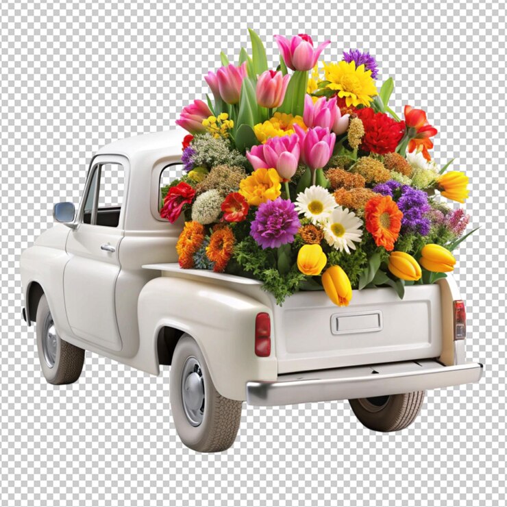 PSD un camión retro blanco con un maletero lleno de hermosas flores aisladas en un fondo transparente