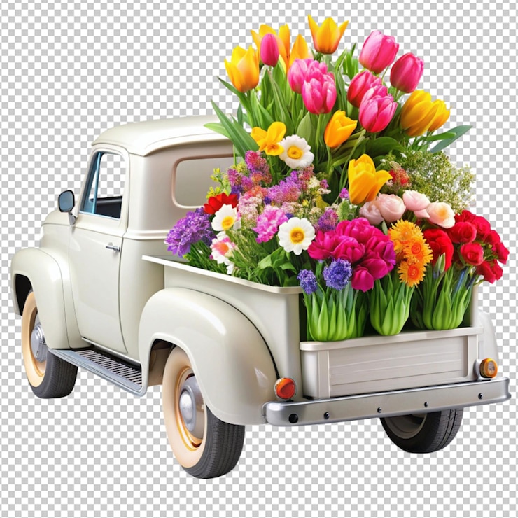 PSD un camión retro blanco con un maletero lleno de hermosas flores aisladas en un fondo transparente