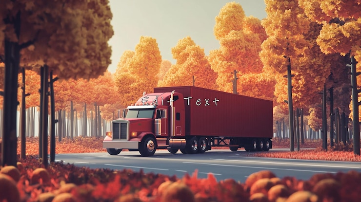 PSD un camión rojo conduciendo en la carretera de otoño