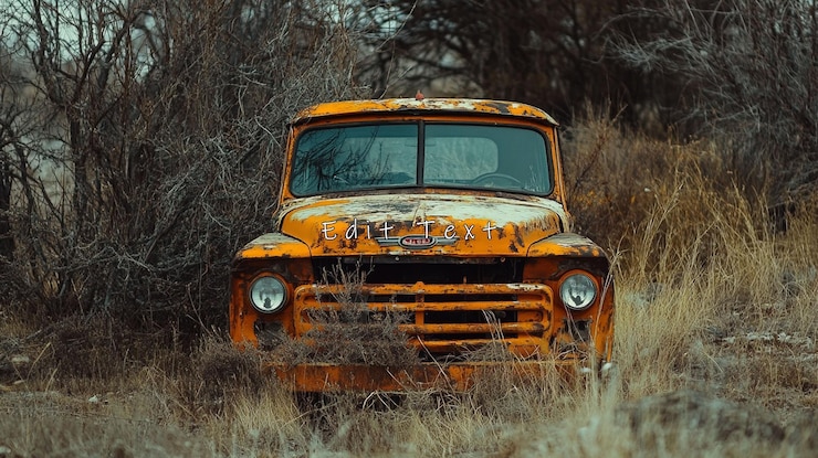 PSD un camión vintage naranja oxidado abandonado en un campo cubierto de vegetación.