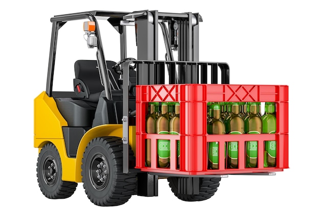 Camioncino a forchetta con raffigurazione 3D di una cassa di birra isolata su uno sfondo trasparente