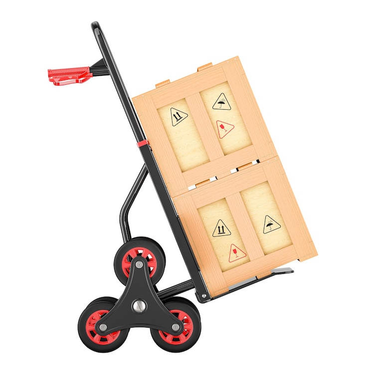 PSD camioncino a mano per salire le scale con lotti di legno rendering 3d isolato su sfondo trasparente