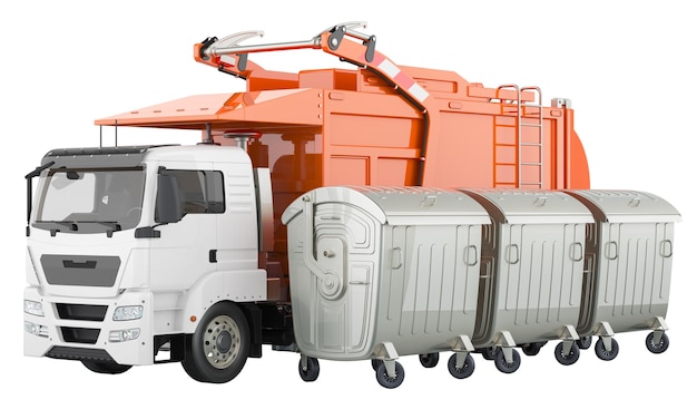 Camioneta de basura con grandes contenedores de basura al aire libre con representación 3D aislada sobre un fondo transparente