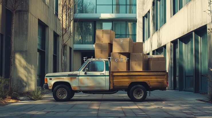PSD una camioneta vintage cargada de cajas de cartón en un callejón de la ciudad