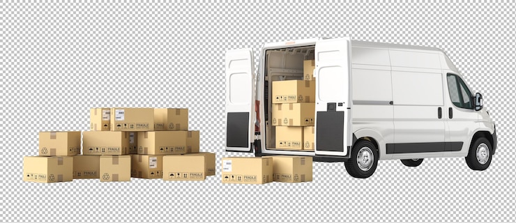 PSD une camionnette pleine de boîtes en carton avec des boîtes à l'extérieur