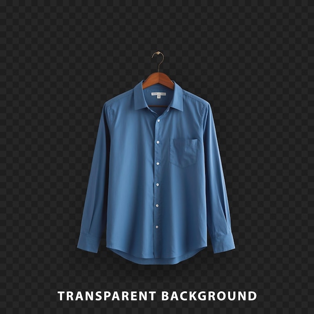 Una camisa azul con botones en una percha aislada sobre un fondo transparente