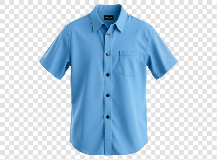 PSD camisa azul con un cuello abotonado y un botón hacia abajo
