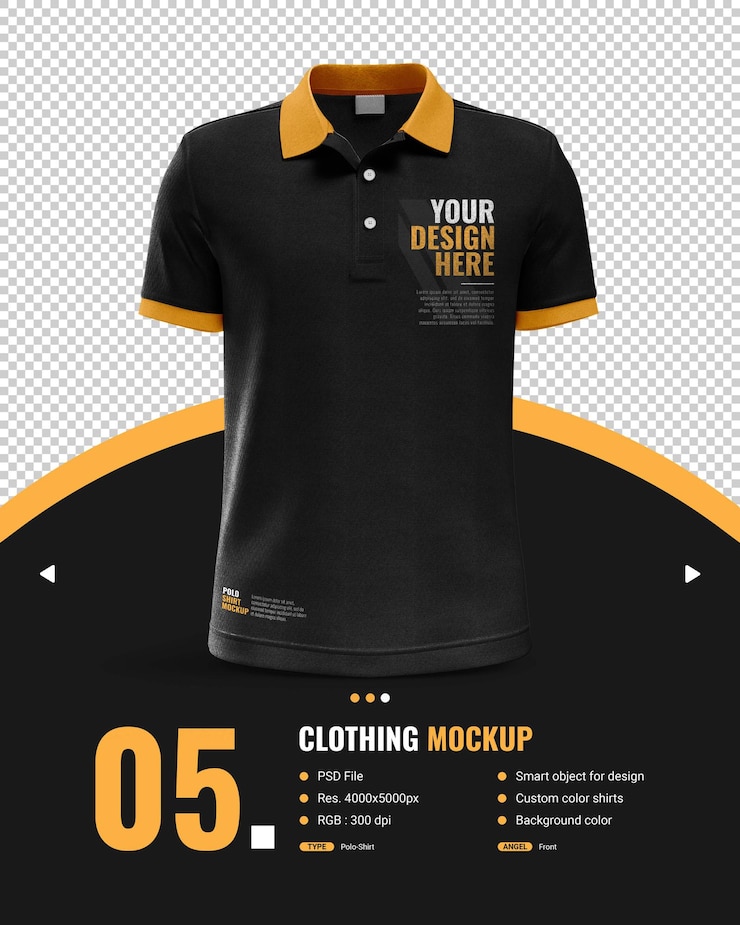 PSD camisa polo preta masculina mockup com vista frontal de braço curto