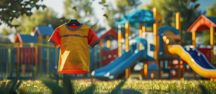 PSD camiseta amarilla y roja colgada en un colgante frente a un patio de recreo colorido
