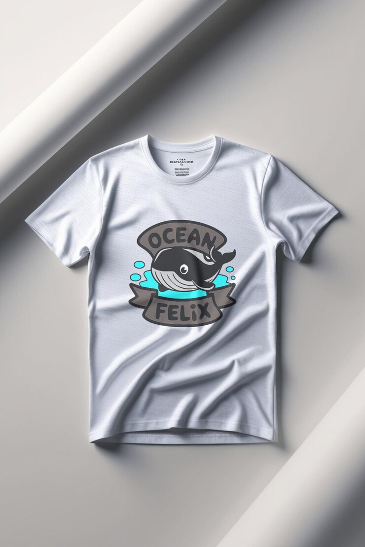 una camiseta blanca con una concha de mar en ella está colgada en una pared gris
