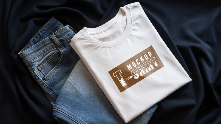una camiseta blanca con una etiqueta marrón está sentada en un paño negro