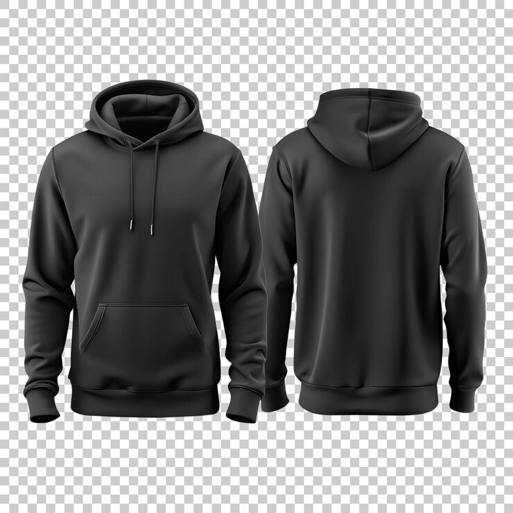 PSD camiseta con capucha negra con la parte delantera y la parte trasera aisladas sobre un fondo transparente