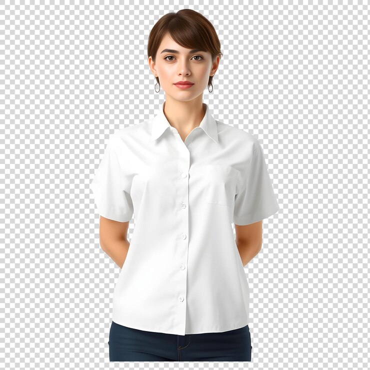 PSD camiseta de mulher com colarinho de mangas longas de frente em todo o comprimento em fundo transparente png
