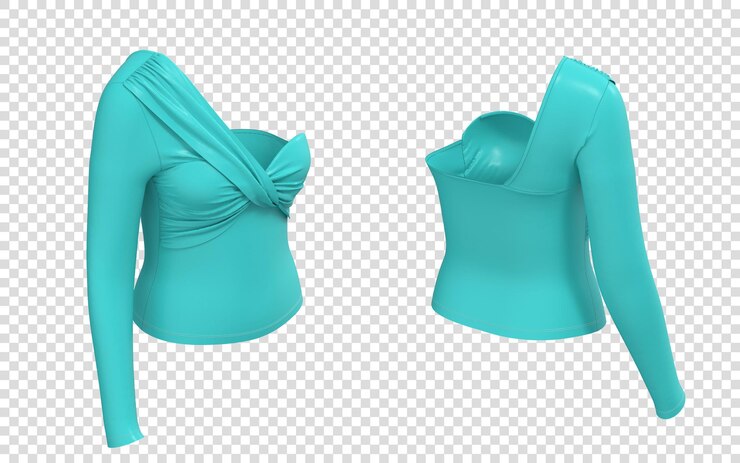PSD camiseta de un hombro de color turquesa con mangas largas y detalles de nudos