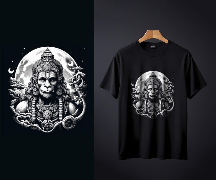 PSD una camiseta negra con una cara blanca hanuman y una camiseta negro