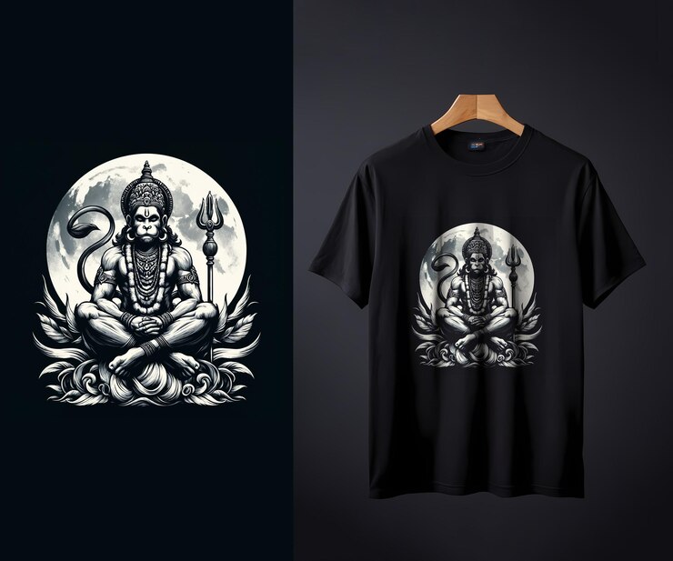 PSD una camiseta negra con una carga de hanuman con un diseño blanco en él