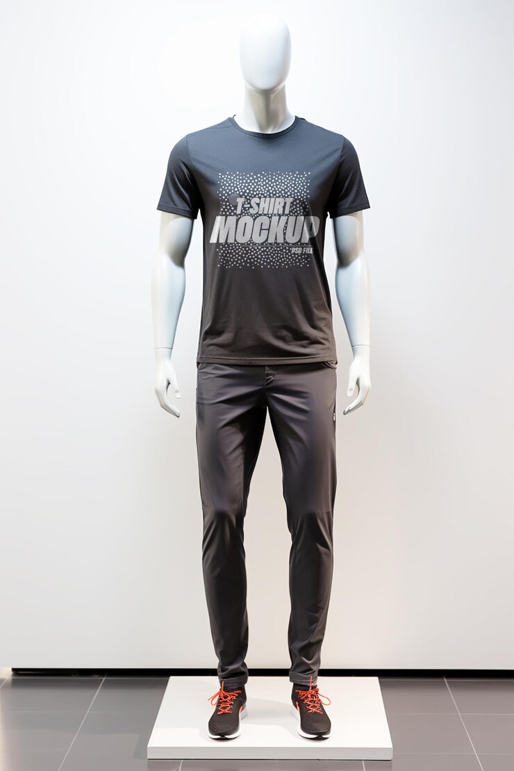 Camiseta negra realista de todo el cuerpo y maqueta de corredores en maniquí masculino para el diseño de marca de ropa