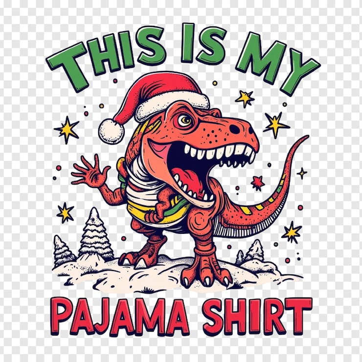PSD camiseta de pijama de navidad divertida dinosaurio trex festivo con sombrero de papá noel para la fiesta de pijama divertida