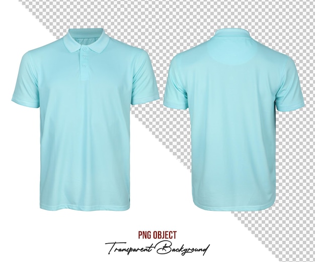 Camiseta de polo azul claro para hombres Maqueta delantera y trasera aislada sobre un fondo transparente
