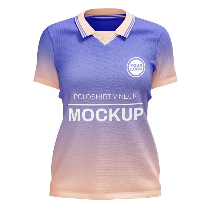 PSD camiseta de polo femenina con cuello en v afilado camiseta de manga corta maqueta de camiseta vista delantera