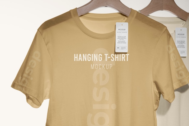 Camiseta simulada con etiqueta colgada en una percha de madera