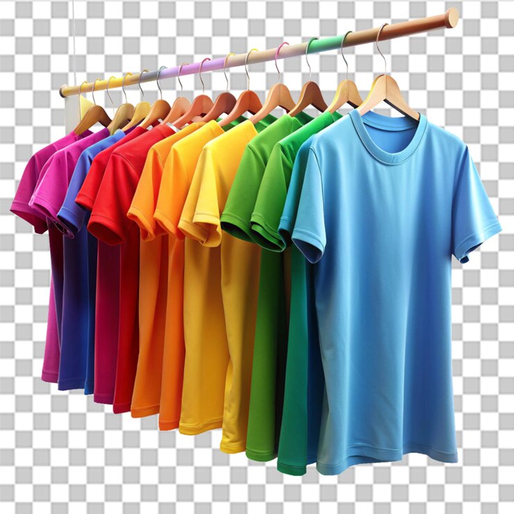 PSD camisetas de colores colgadas en una fila con fondo transparente