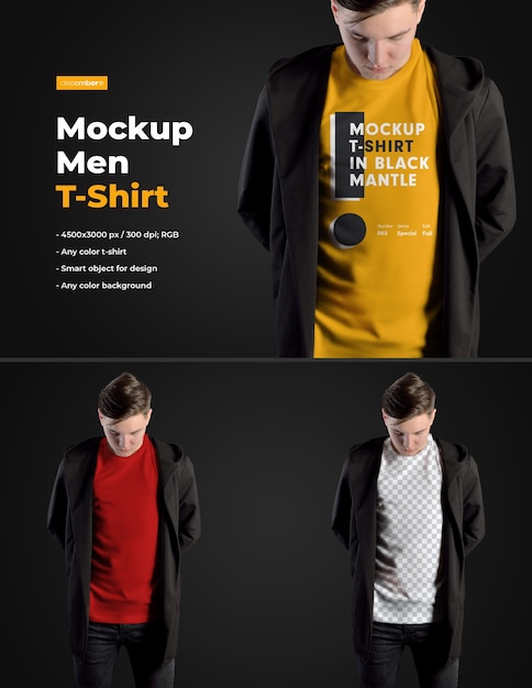 Camisetas masculinas de mockups com manto preto