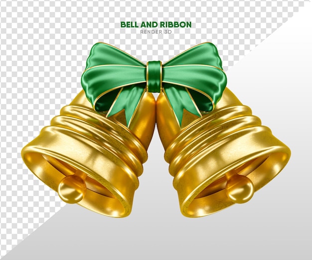 Campana y cinta navidad 3d render realista dorado y verde