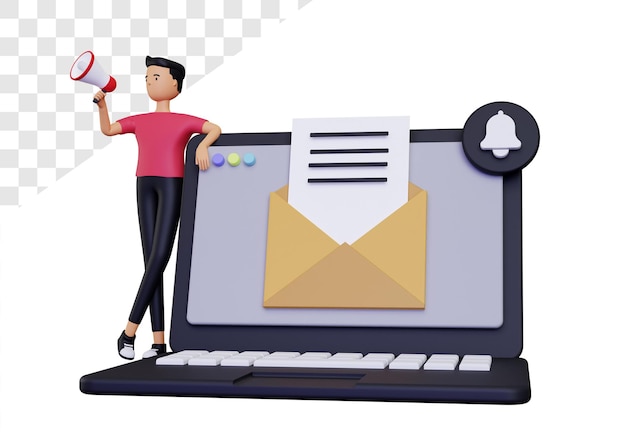 Campaña de correo electrónico 3d con personaje masculino e icono de correo