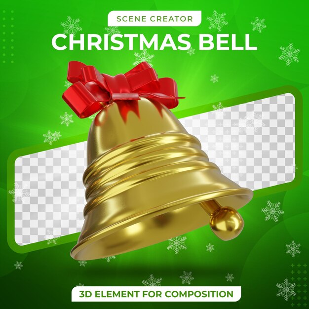 Campana de Navidad dorada 3d realista para renderizado 3D de composición