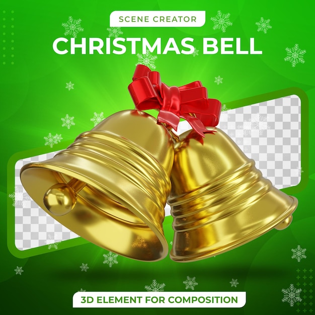 Campana de Navidad dorada 3d realista para renderizado 3D de composición