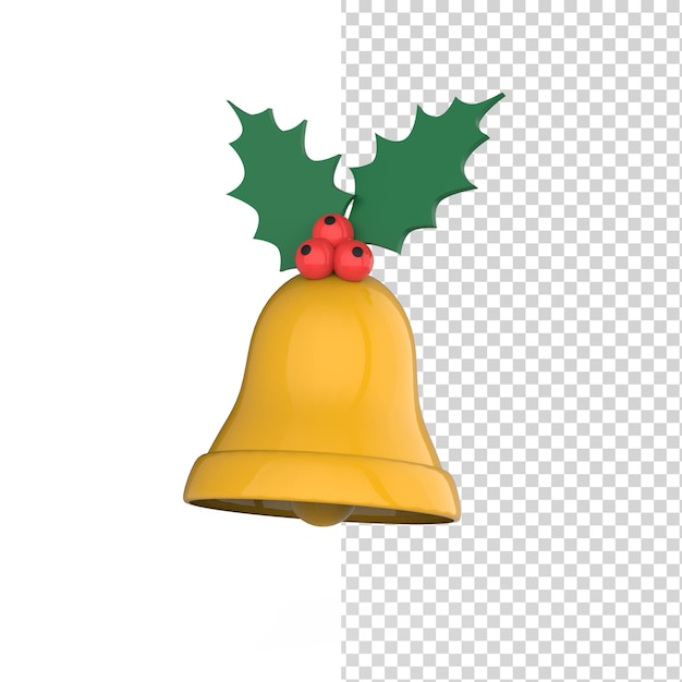 PSD campana de navidad de oro con bayas de acebo aislado en un fondo blanco modelo de render 3d