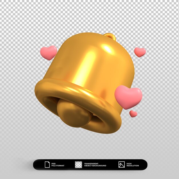 Campana de oro del día de san valentín 3d con ilustración de icono de corazones aislada