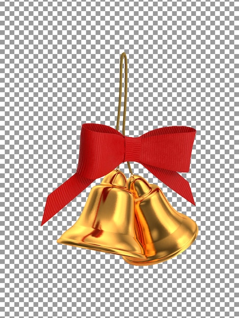 PSD campanas de navidad doradas con lazo rojo sobre fondo transparente