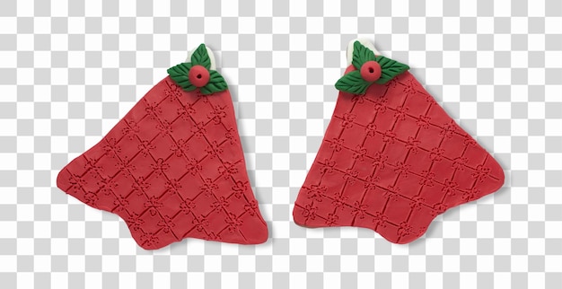 Campanas navideñas rojas hechas de plastilina, galletas navideñas hechas a mano para decorar una etiqueta o tarjeta